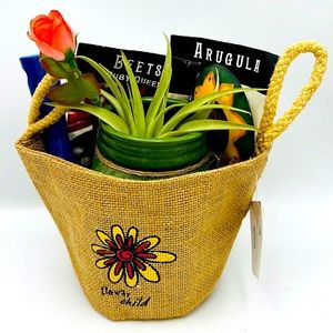 Natural Jute Small Tote Bag / Garden Gift Bag / Bohemian Chic / FLOWER CHILD